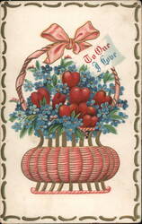 Basket of Red Hearts and Forget-Me-Nots Valentine Greeting Postcard