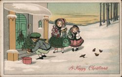 Children Delivering Christmas Tree, Vintage Holiday Scene Postcard