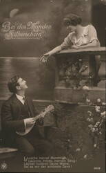 Moonlight Serenade: Romantic Couple, Mandolin Music, Floral Balcony Postcard