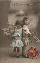 Two Young Girls with Flowering Branches, French Postcard Postcard Postcard