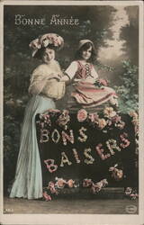 Bonne Année: Woman and Girl with Floral New Year's Greeting Brussels, Belgium Postcard Postcard Postcard