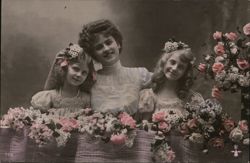 Mother with Two Daughters, Floral Garland Portrait Postcard