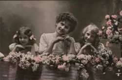 Three Girls with Flowers on Balcony Children Postcard Postcard Postcard