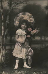 Young Girl with Flowers and a Large Hat Girls Postcard Postcard Postcard