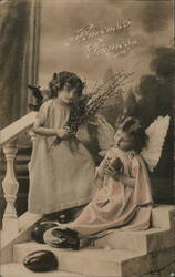 Two Angelic Children with Easter Eggs and Pussy Willows Postcard