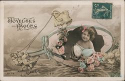 Girl in Easter Egg Carriage Pulled by Chicks With Children Postcard Postcard Postcard