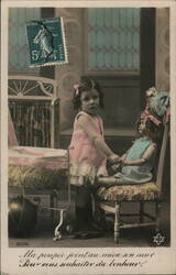 Little Girl with Doll in Pink Dress Postcard