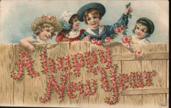 Children with Rose "A Happy New Year" Fence Greeting Postcard