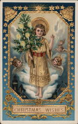 Christmas Angel with Lighted Tree and Cherubs Postcard