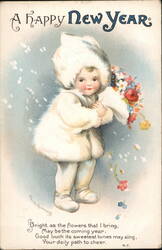 Child in White Fur Coat with Flowers, Happy New Year Greeting Children Ellen Clapsaddle Postcard Postcard Postcard