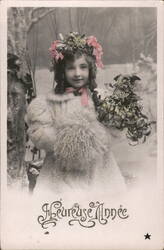 Girl in Winter Coat with Flowers, Bonne Annee Greeting Postcard