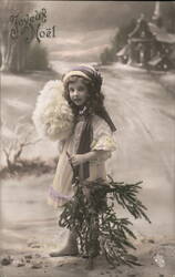 Little Girl with Muff and Evergreen Sprigs, Joyeux Noël Postcard