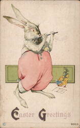 Anthropomorphic Easter Bunny Playing Flute with Chick With Bunnies Postcard Postcard Postcard