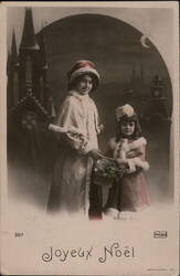 Two Girls in Winter Coats with Basket, Joyeux Noël French Christmas Greeting Children Postcard Postcard Postcard