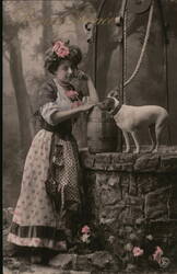 Young Woman with Dog at a Well - Bonne Année Greeting Beautiful Ladies Postcard Postcard Postcard