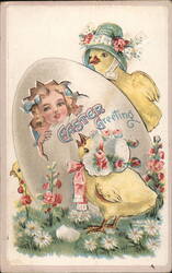 Easter Chicks and Girl Hatching from Giant Egg Postcard