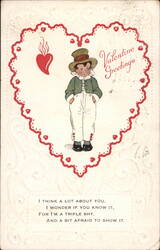 Shy Boy in Straw Hat, Valentine Greetings Postcard