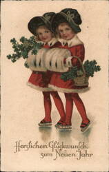 Twins in Red Coats Ice Skating with Shamrocks - New Year's Greeting Children Postcard Postcard Postcard