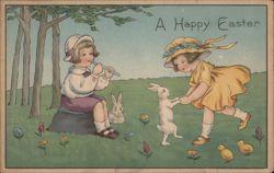 Children Playing with Bunny and Chicks, Happy Easter With Children Postcard Postcard Postcard