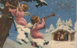 Cherubic Angels with Trumpets Announce Christmas Nativity Scene Postcard