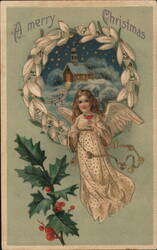 Angelic Christmas Greeting with Holly and Church Scene Angels Postcard Postcard Postcard