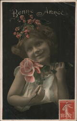 Bonne Année: Young Girl with Roses, French New Year's Greeting Postcard