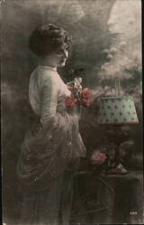 Woman with Roses by Lamp, Ed. Rochat Postcard Women Postcard Postcard