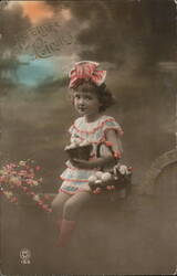 Little Girl with Easter Eggs and Chicks in Basket With Children Postcard Postcard Postcard