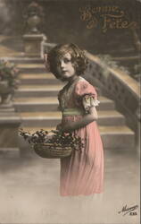 Girl in Pink Dress with Flower Basket, Bonne Fête Greeting Girls Postcard Postcard Postcard