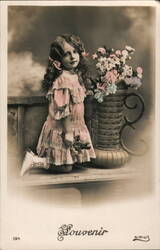 Young Girl with Flowers, Antique Photo Postcard Girls Postcard Postcard