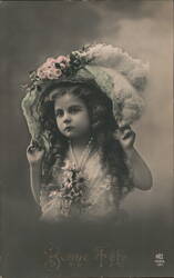 Little Girl in Floral Hat, Bonne Fête Greeting Girls Postcard Postcard Postcard