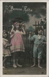 Three Children with Kite, Bonne Fête Greeting Postcard