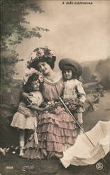 Mother with Two Children and Parasol Postcard Postcard Postcard