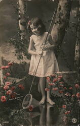 Young Girl with Butterfly Net, Pink Flowers, Barefoot Girls Postcard Postcard Postcard