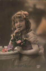 Young Girl with Roses, Bonne Année Greeting Girls Postcard Postcard Postcard