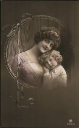 Mother and Child Portrait in Oval Frame with Purple Ribbon Children Postcard Postcard Postcard