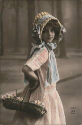 Girl with Flower Basket, Bonne Fête Greeting Girls Postcard Postcard Postcard