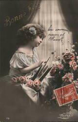 Young Girl Reading by Bouquet, Bonne Fête Greeting Postcard