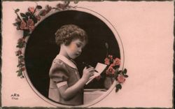 Young Girl Writing a Letter, Surrounded by Roses Girls Postcard Postcard Postcard