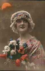 Young Woman with Flowers, Vive la France Postcard