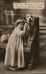 Little Girl in White Dress with Dog, Birthday Greeting Postcard Postcard Postcard