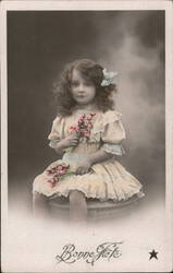 Girl in Yellow Dress with Pink Flowers, Bonne Fête Greeting Postcard