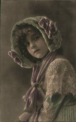 Young Girl in Bonnet with Purple and Green Striped Scarf Postcard