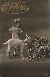 Little Girl with Goat and Flower Basket Postcard