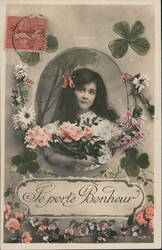 Girl with Flowers and Clover, French "Je Porte Bonheur" Postcard Postcard