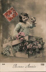 Child in Gift Box with Flowers - Bonne Année Postcard