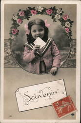 Little Girl with Letter in Sailor Suit, Pink Bow, Floral Frame Postcard