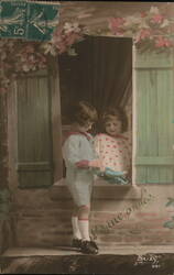 Children at Window, Bonne Année, French New Year's Greeting Postcard Postcard Postcard