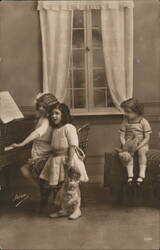 Three Children, Piano, and Doll: A Charming Portrait Postcard