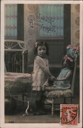 Little Girl with Doll, Joyeux Anniversaire French Birthday Postcard Postcard